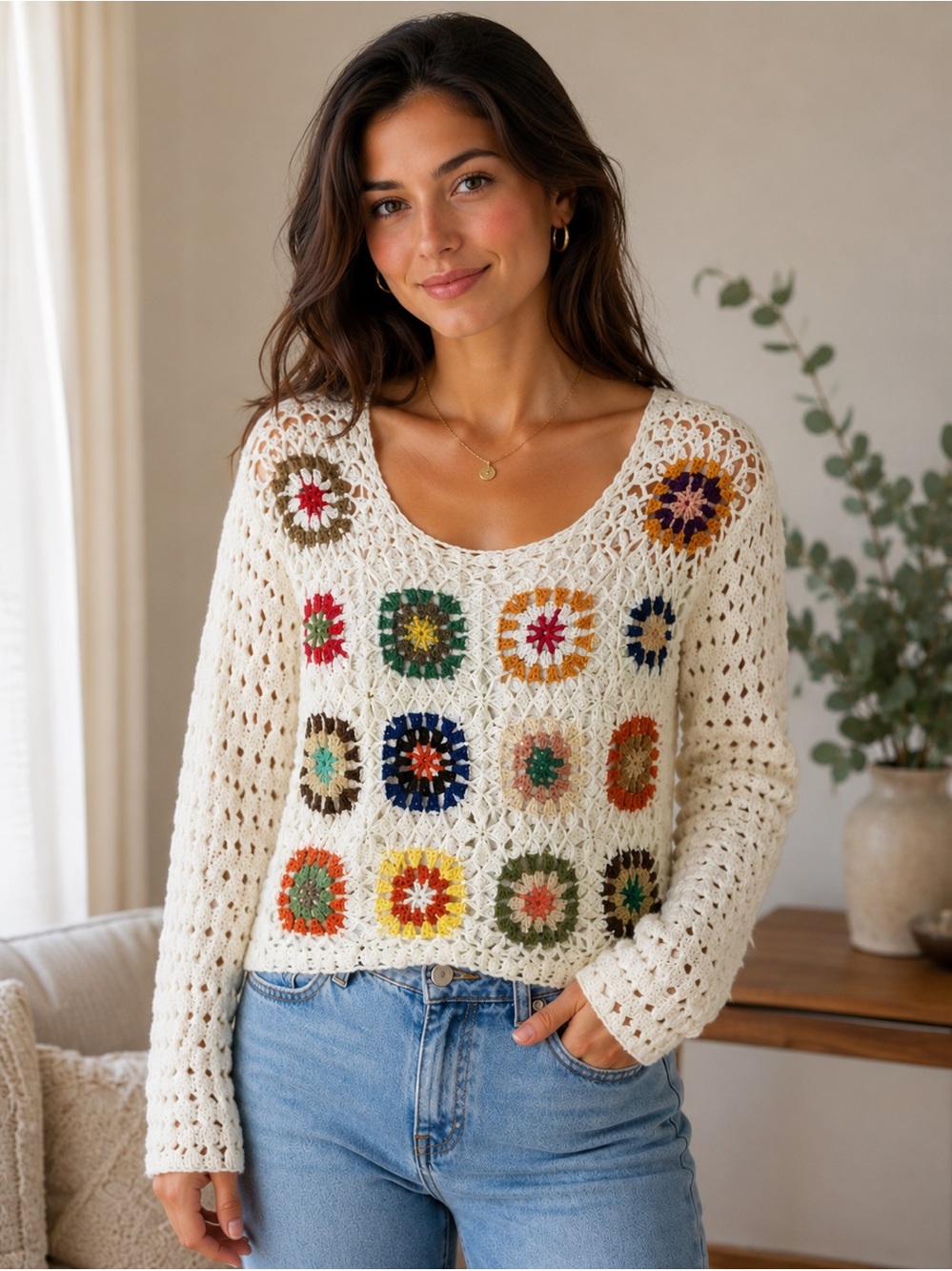 Debut Crochet Granny Square Patchwork Sweater Crop Top Cream Multi Size M